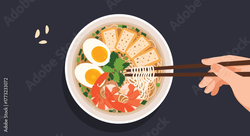 Delicious Ramen Bowl with Shrimp Eggs and Tofu.