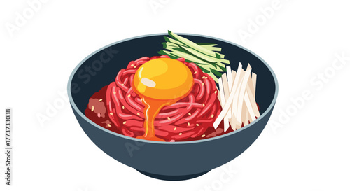 Korean Beef Tartare with Egg Yolk and Vegetables in a Bowl.