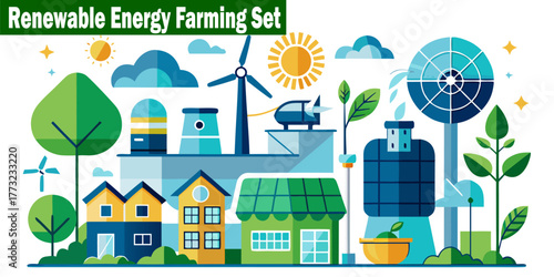 Sustainable Agriculture and Clean Energy Farm Scene. Ecological Rural Life with Wind Turbine and Solar Panel in Flat Vector Illustration for Eco-Friendly Concepts.