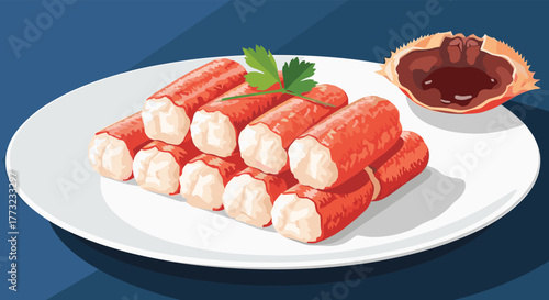 Delicious crab sticks arranged on a white plate ready to eat.