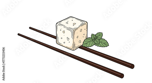 Tofu cube with chopsticks and basil a culinary delight.
