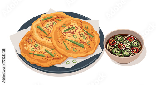 Korean Cuisine: Savory Pancakes with Dipping Sauce.