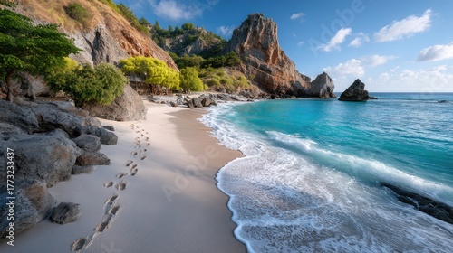 Fototapeta Naklejka Na Ścianę i Meble -  Tropical Beach With Footprints Leading Towards A Rocky Cliff And Turquoise Ocean Under A Clear Blue Sky