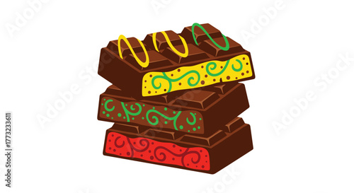 Stacked chocolate bars with colorful decorations and delicious flavors.