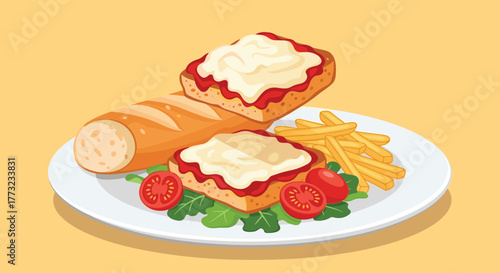 Delicious meal with bread fries tomatoes and cheese.