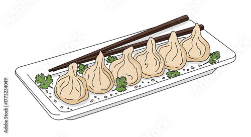 Dumplings on a Plate with Chopsticks Ready to Eat.