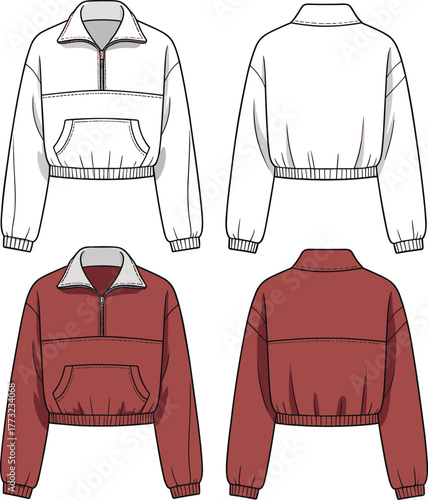 Cropped pullover jacket fashion template, CAD garment drawing, flat vector illustration, quarter zip design, kangaroo pocket sketch, high collar, clothing outline