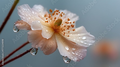 Close-up of a delicate, soft-pink flower with water droplets against a blurred background