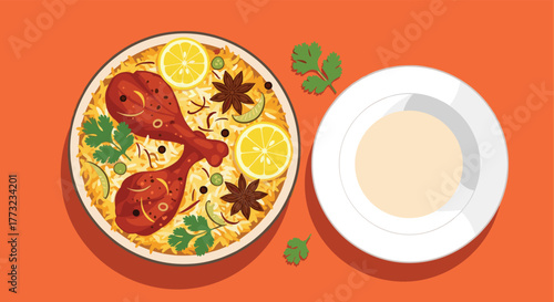 Delicious Chicken Biryani with Raita on Orange Background.