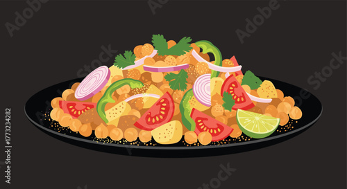 Delicious Indian Chana Chaat Dish Garnished with Fresh Vegetables.