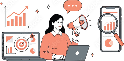 Dynamic businesswoman announces marketing strategy success with megaphone and charts, driving business growth and achieving targets.