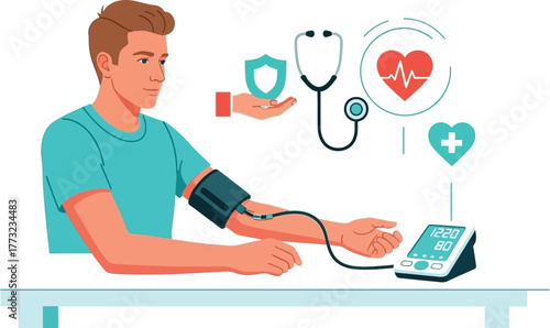 Man calmly monitors blood pressure with digital device, symbolizing health awareness and preventive care with medical icons surrounding.