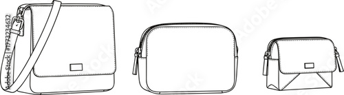 Crossbody flap bag fashion flat, zipper pouch technical drawing set, vector handbag CAD sketch, small flap pouch accessory illustration