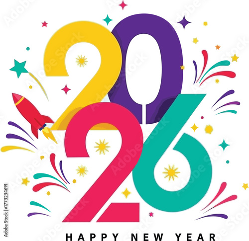 Blast off into a vibrant 2026 with celebratory rockets and colorful fireworks, wishing everyone a spectacularly happy new year!