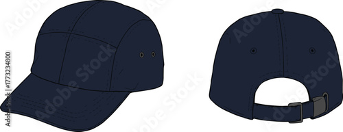 Dark baseball cap front, side and back view, curved brim, metal buckle strap, stitched panels, ventilation eyelets, cad drawing flat vector illustration