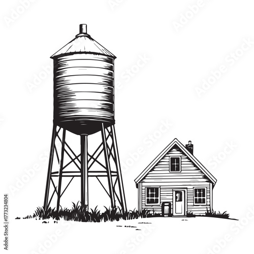 Vintage water tower and small building with a tree in a rural landscape