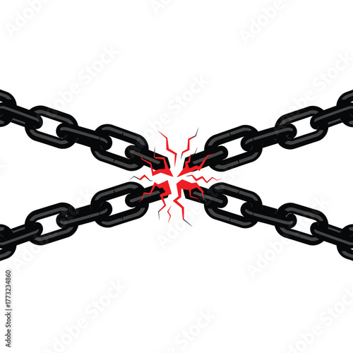 Breaking Chain Illustration of a Black Metal Link Rupture with Red Cracks