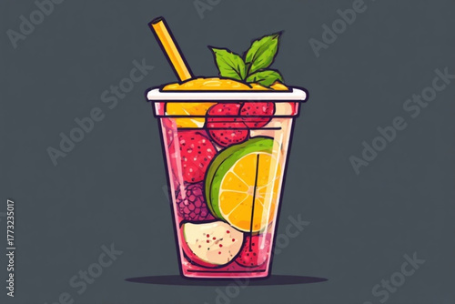 Colorful fruit salad in a clear plastic cup with a straw and mint leaves.