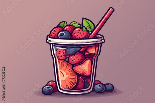 Illustration of a clear plastic cup filled with strawberries, blueberries, and a straw.