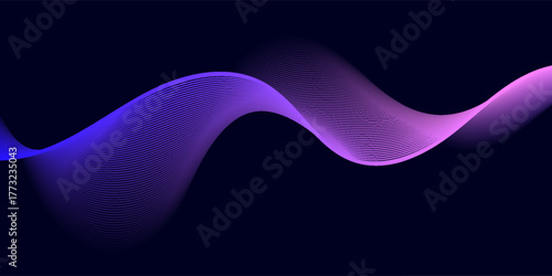 Gradient abstract waves in pink and blue shades with smooth curves and subtle contour lines on a dark blue background, symbolizing fluidity, data or sound flow.