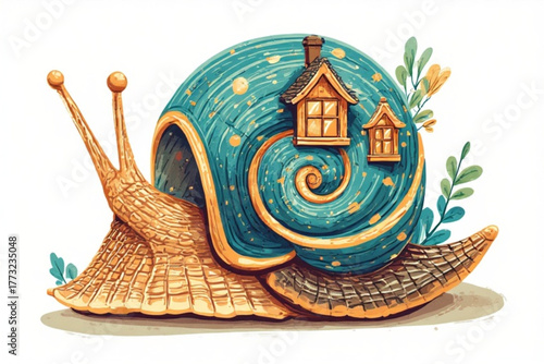 A whimsical illustration of a snail carrying two miniature houses on its turquoise and gold shell.