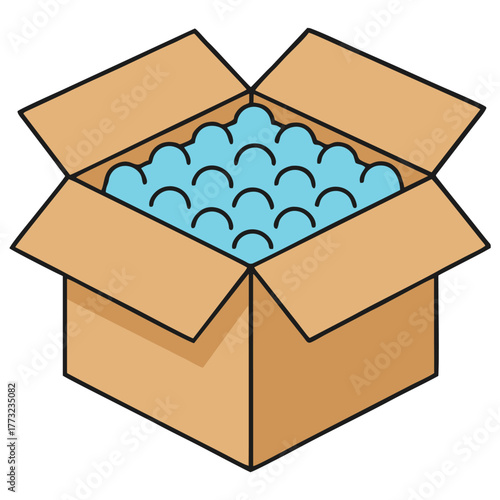 A colorful illustration depicts an open cardboard box fully packed with light blue packing peanuts. This vibrant image is perfect for conveying shipping, storage, or packaging concepts.