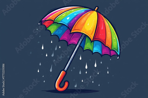 A vibrant cartoon illustration of a rainbow-colored umbrella protecting from rain.