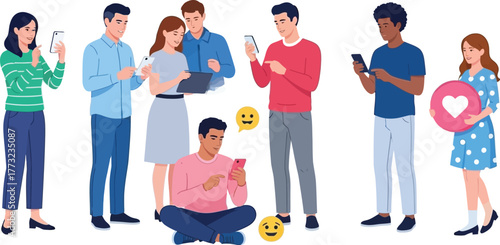 Diverse group connecting through social media on smartphones, fostering community and sharing love with heart icons and engaging in online conversation