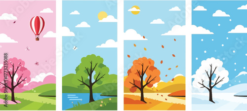 Beautiful four seasons illustration with spring cherry blossoms, summer greenery, autumn foliage, and winter snow, perfect for seasonal promotions