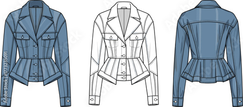 Denim jacket fashion flat sketch, peplum button jacket CAD drawing, women’s outerwear vector template, structured design illustration, garment technical outline