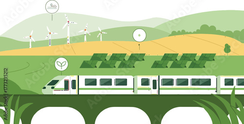 Eco-friendly transportation with solar panels and wind turbines powers this modern train for future travel and a sustainable environment