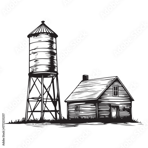 Vintage water tower and small building with a tree in a rural landscape