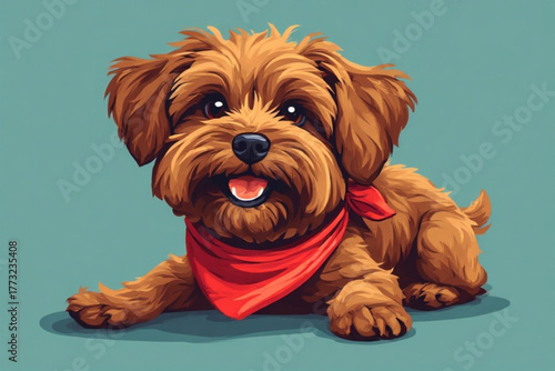 A charming, cartoonish brown dog with a red bandana, lying down and smiling.