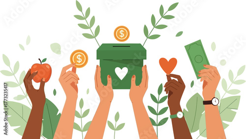 Diverse hands contribute to charitable causes, donating money, food, and love for a better world, promoting philanthropy and community support