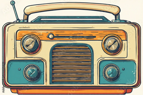 A vintage-style radio depicted with knobs, antenna, and handle, in a retro design.