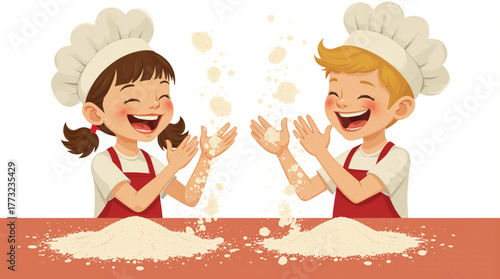 Joyful children in chef hats playing with flour