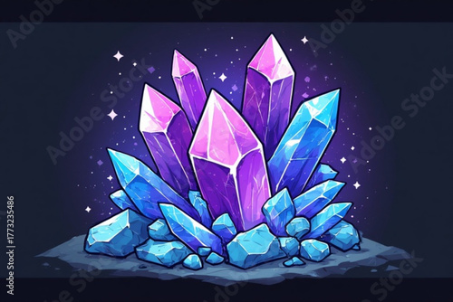 A cluster of stylized crystals radiates light against a dark background.