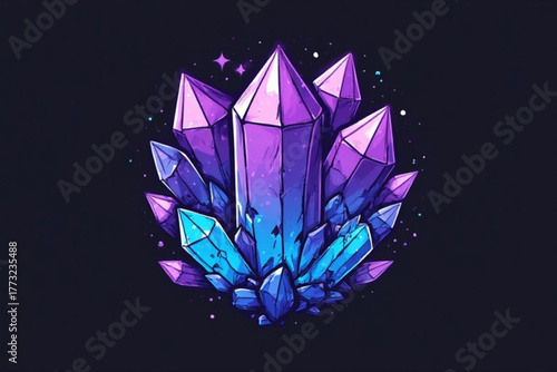A stylized illustration of a cluster of vibrant, crystalline formations set against a dark background.