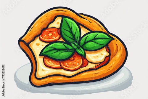 Cartoon illustration of a pizza slice with basil, cheese, and pepperoni.