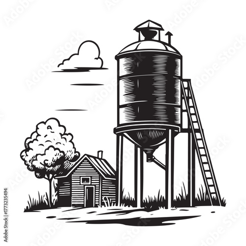 Vintage water tower and small building with a tree in a rural landscape