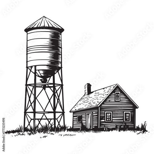 Vintage water tower and small building with a tree in a rural landscape