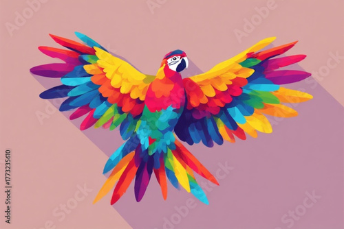 Colorful parrot illustration with outstretched wings against a pastel background, casting a long shadow.