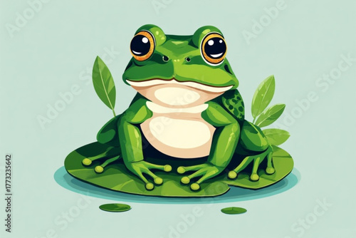 A charming cartoon frog sits on a lily pad with leaves, looking forward.