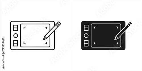 Two icons of a robot vacuum cleaner and its charging station, one in outline and one in solid black, on a