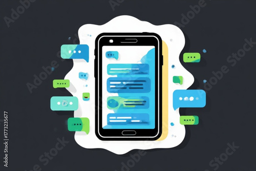 A smartphone displays a messaging app interface, surrounded by speech bubbles.