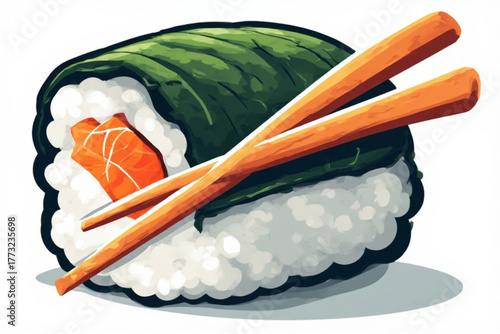 Artistic illustration of a single sushi roll with salmon and wooden chopsticks, isolated.