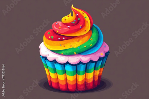 A vibrantly colored cupcake with rainbow frosting and sprinkles, standing alone.