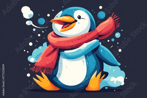 A cheerful cartoon penguin wearing a red scarf, enjoying snowy weather.