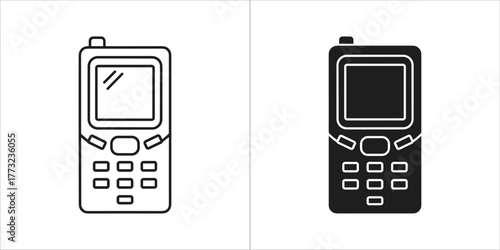 Two graphic representations of a mobile phone in different styles and colors, one black and white, one black and white