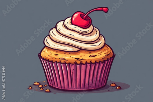 A cupcake with white frosting and a cherry on top, in a pink wrapper.
